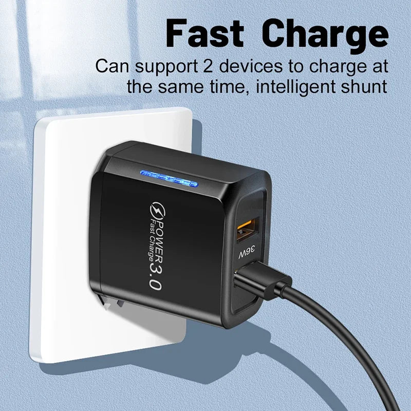 36W USB Mobile Phone Charger Quick Charge 3.0 Fast Charging Adapter For iPhone 16 15 pro Max Xiaomi 14 Samsung Huawei Chargers
