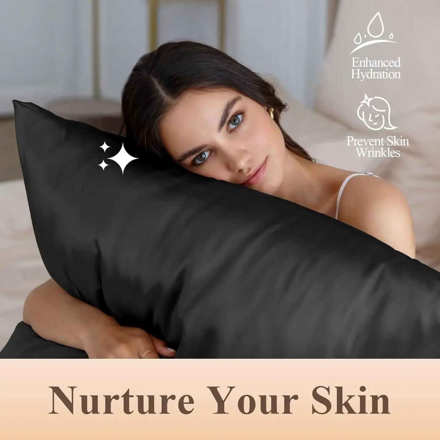 Silk Like Satin Pillowcase Standard Size, Black Smooth and Cooling Satin-Silk Pillow Cases for Hair and Skin