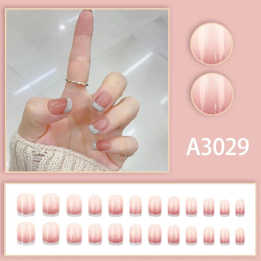 Watercolor Rose Fake Nail with Jelly sticker Press on False Nails Wearable Round Head Oval Full Cover Nail Tips