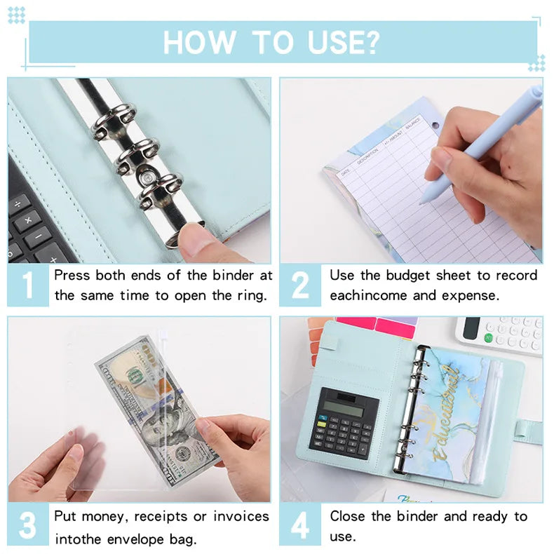 A6 Marble with Calculator Money Budget Planner Binder Zipper EnvelopesCash Envelopes For Budgeting Money Organizer Binde