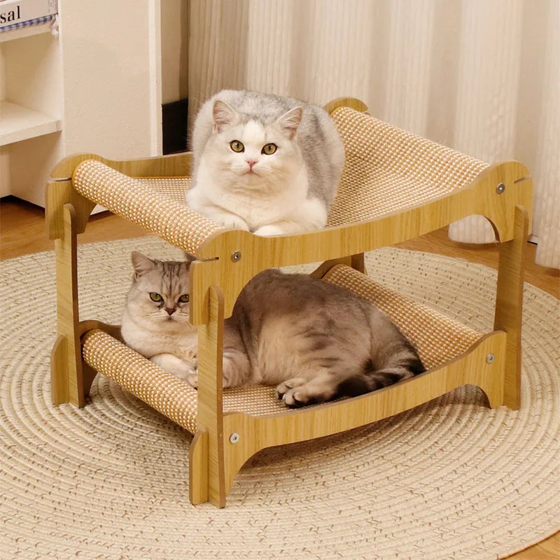 2 Tier Cat Hammock Bed Elevated Wooden Pet Bunk Beds For Indoor Cats Double Wooden Cat Bed Home Wood Raised Hanging Bed For Cats