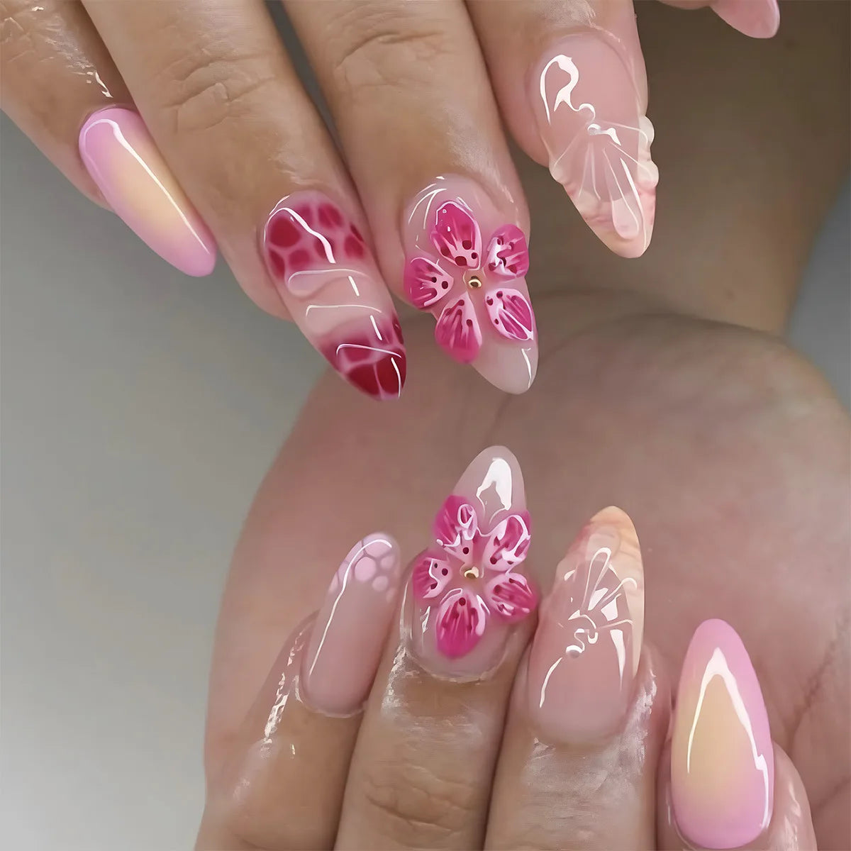 24PCS 3D Sweet Pink Flower Almond Press on False Nails with Yellow French Diamonds Fake Nails Artificial Wearable Tips with Glue