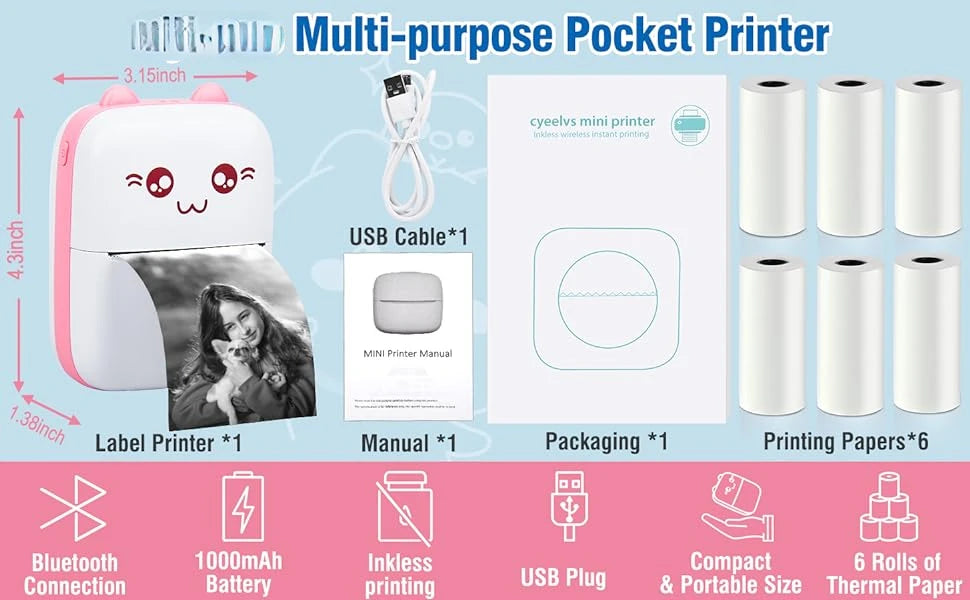 Portable Mini Printer Pocket Mini Thermal Printer with 6 Roll Printing Paper Compatible with iOS Android Inkless Photo Printer