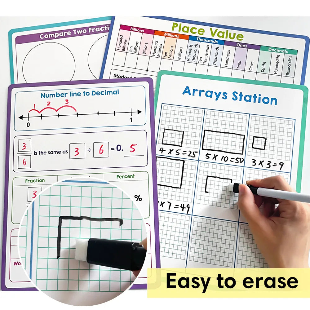 Children's Erasable Math Board A4 Size for Fraction Decimal Writing Practice Reusable Learning Tool