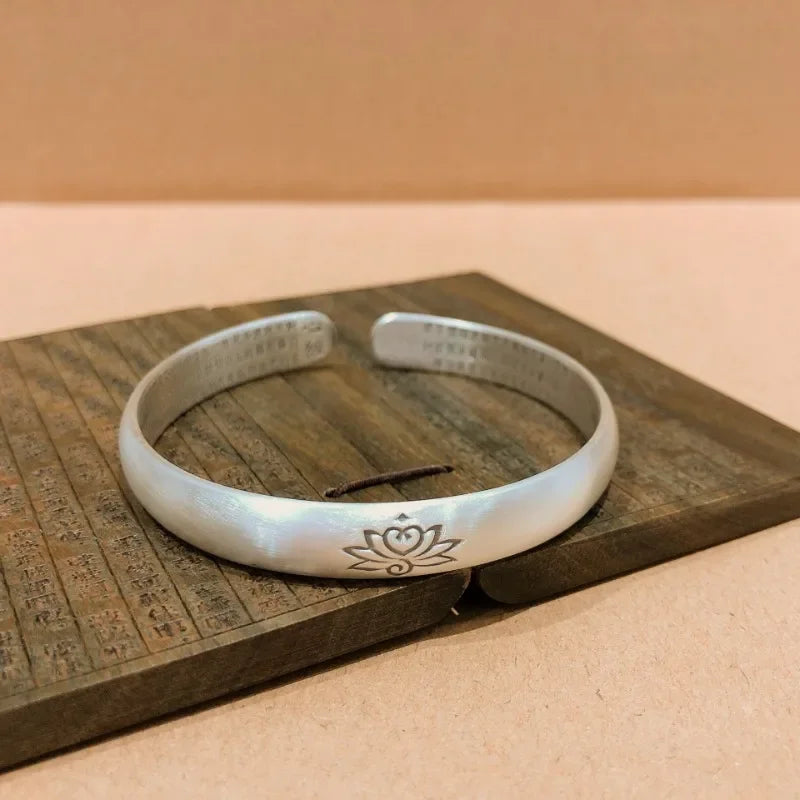 925 Silver Vintage Matte Bangles Engraved Heart Sutra Lotus Flower Bracelet for Women Simple and Fresh Style Jewelry Opening