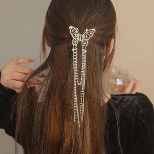 Retro Hollow Butterfly Tassel Hairpin Korean Girl Rhinestone Ponytail Hair Grabber Elegant Pearl Hair Accessories for Women