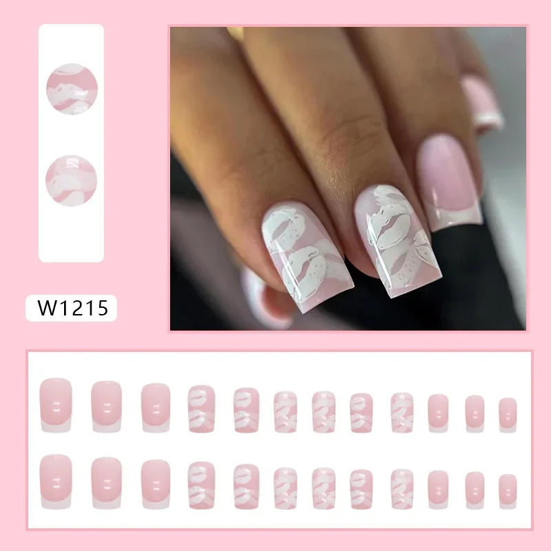 Gold Pink Wine Red 24 Pcs Fake Nail with Jelly sticker Press on False Nails Wearable Round Head Oval Full Cover Nail Tips