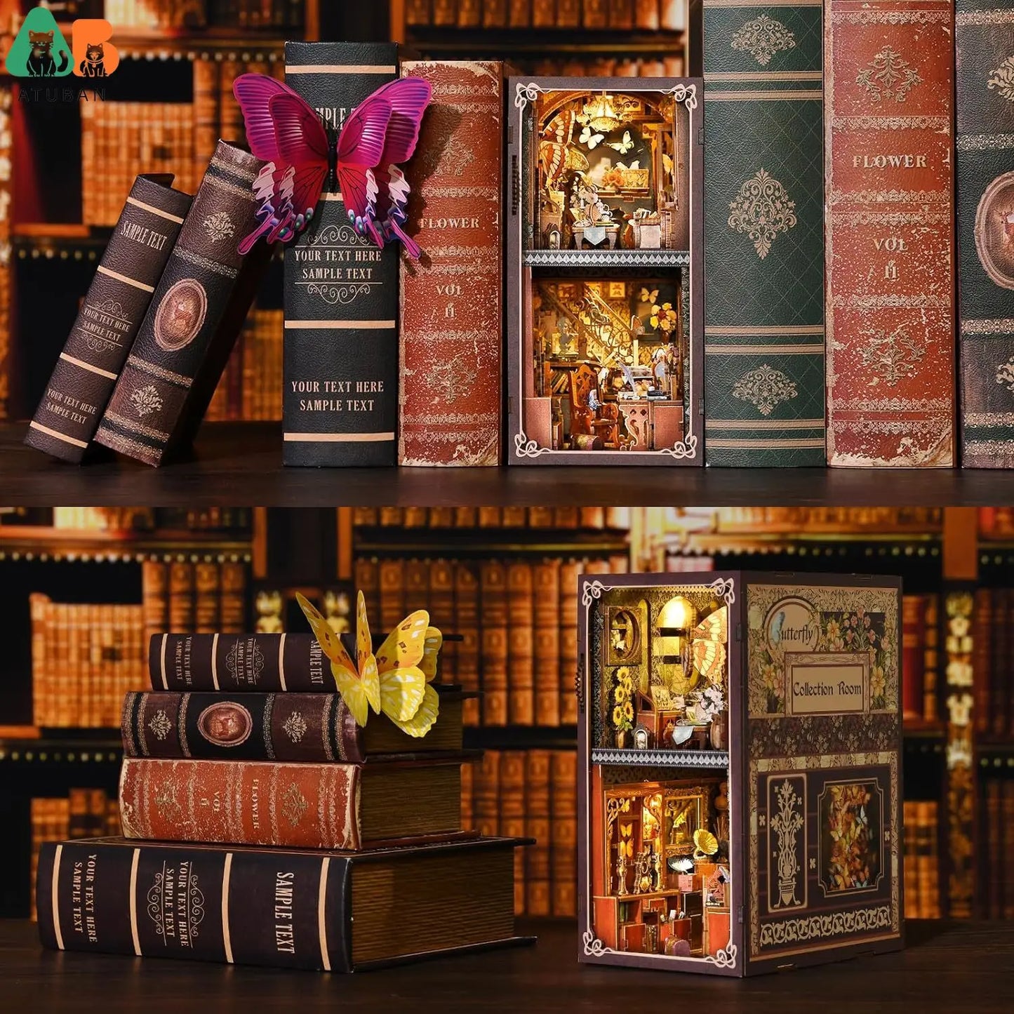 ATUBAN DIY Book Nook Kit, 3D Wooden Puzzle Miniature Dollhouse, Booknook Kit Bookend Bookshelf Insert Decor with LED Light