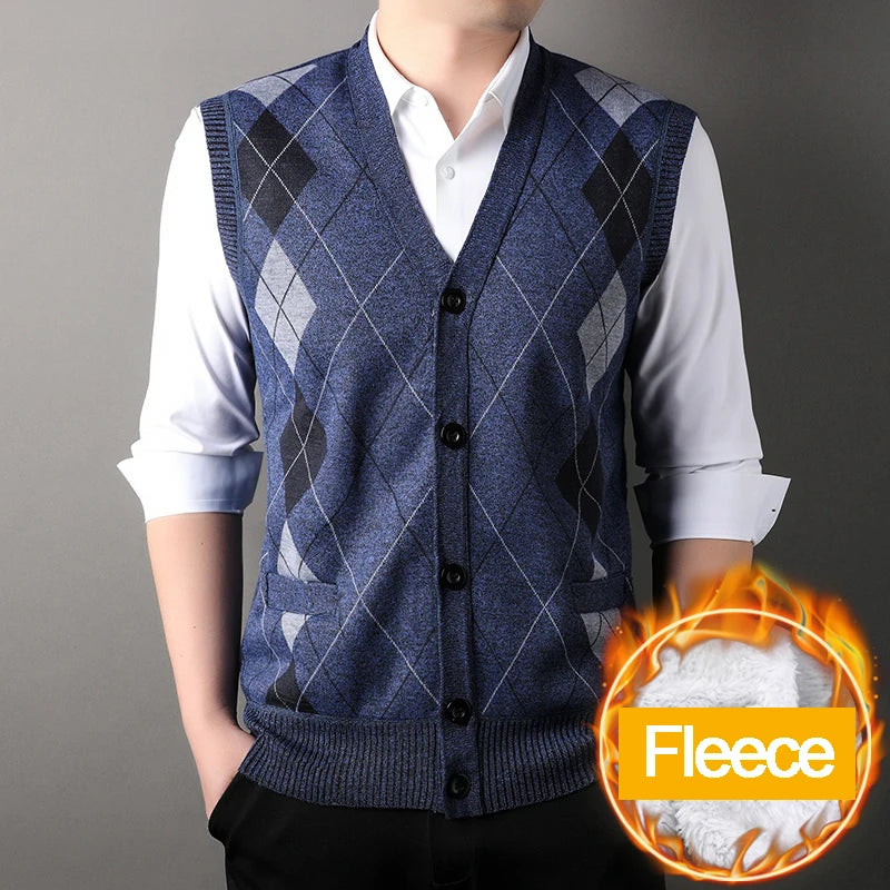 Autumn Winter Men's Sweater Vest Casual Sleeveless Knit Jackets Men Fashion Plaid V-neck Cardigans Man Clothes Knitted Waistcoat