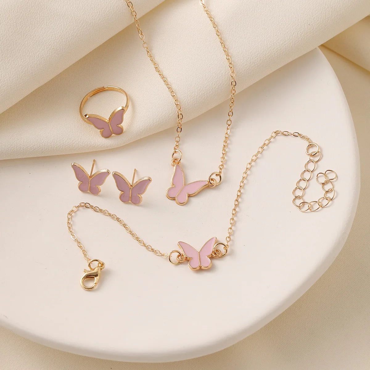 White Butterfly Drop Glazed Necklace Exquisite Simple Fashion Collarbone Chain Temperament Necklace Earrings Rings Jewelry Sets