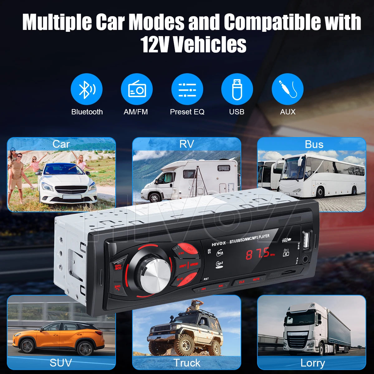 HIVOZ Car Radio Audio 1 Din Bluetooth Stereo Hands-Free Calling MP3 Player FM Receiver With AUX/USB/TF Card In Dash Kit