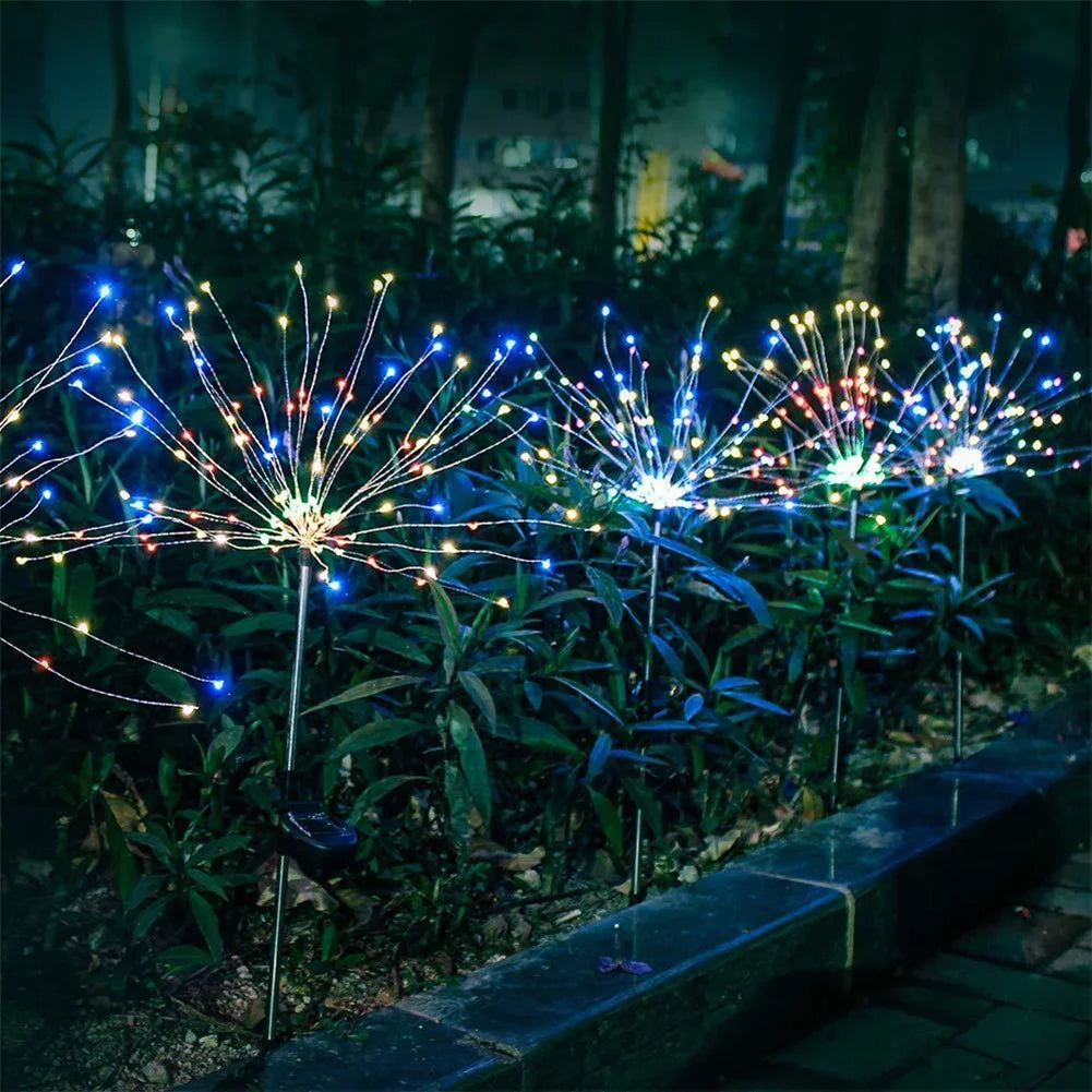 LED Outdoor Solar Fireworks Lights 90/150 LED Fairy Lights 8 Modes Garden Ground Plug Waterproof Holiday for Balcony Lawn Decor