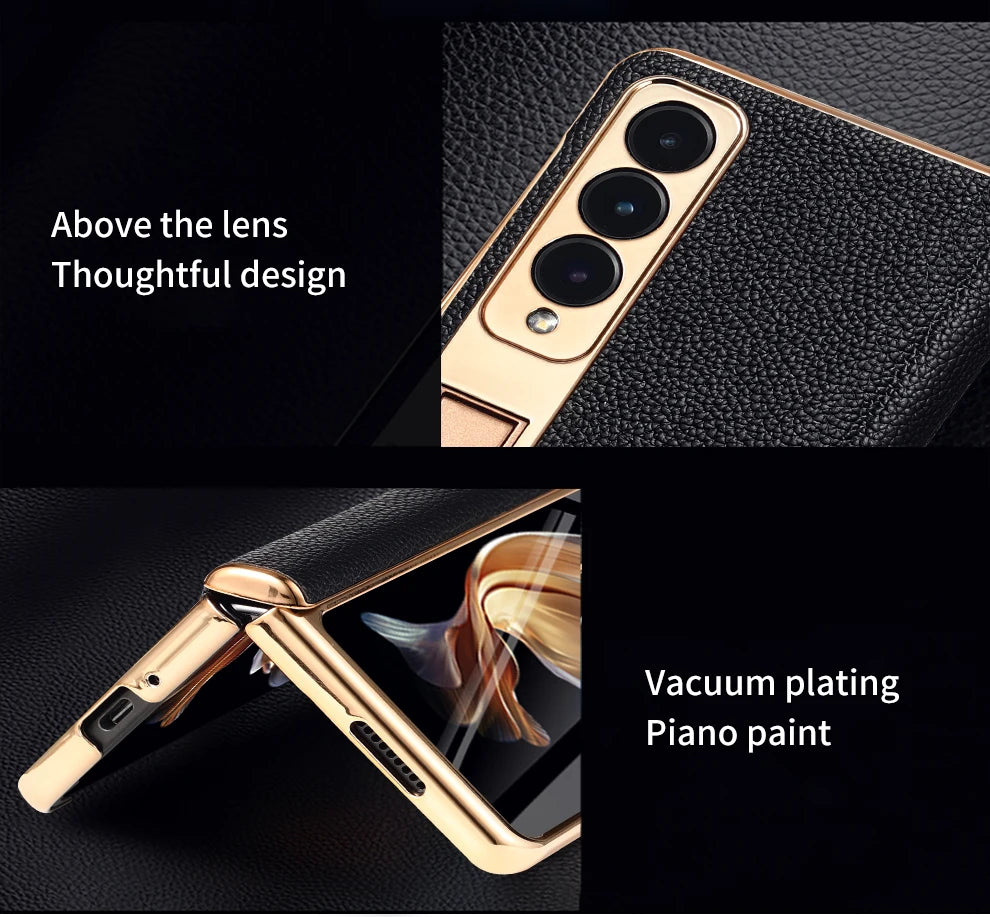 LANGSIDI Leather Case for Samsung Galaxy Z Fold 7 6 5 4 3 Fold6 Fold7 Gold Plating Magnetic Hinge Stand Cover with Mirror Film