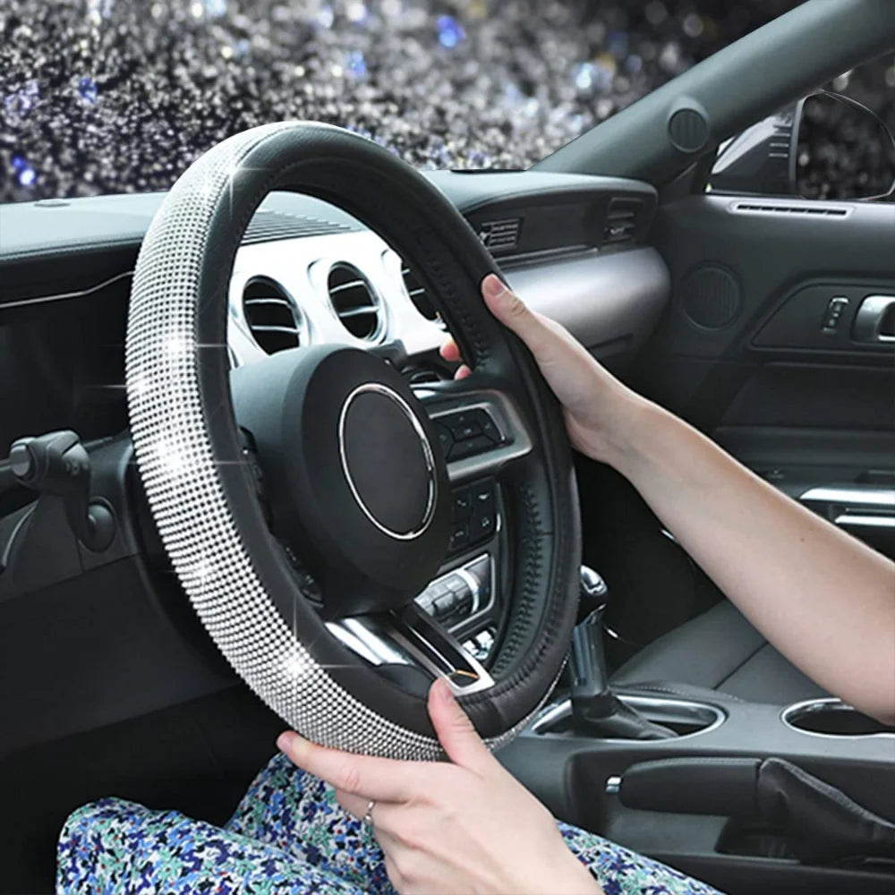 38cm CAR PASS Red Diamond Black Leather Steering Wheel Cover With Bling Crystal Rhinestones Universal