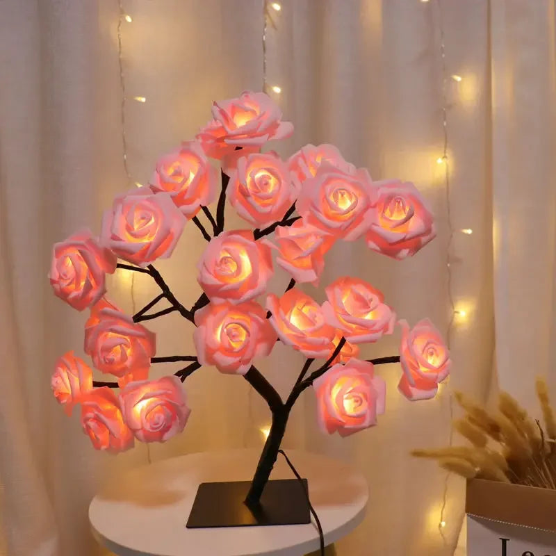 LED Rose Tree Desk Lamp USB Powered Artificial Flower Night Light Bedroom Living Room Party Wedding Valentine's Day Decoration