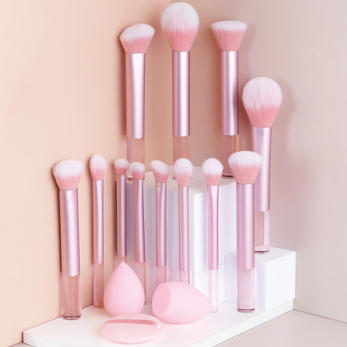 15pcs professional makeup brush set - classic everyday including 2pcs bevel and water drop beauty egg, 1 powder puff beauty tool