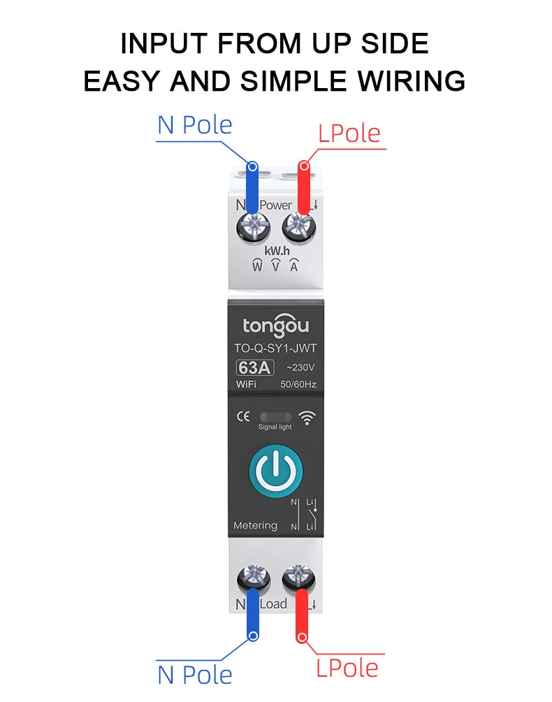 TUYA WIFI Smart Circuit Breaker Power Metering 1P 63A DIN Rail for Smart Home wireless Remote Control Smart Switch by APP TONGOU