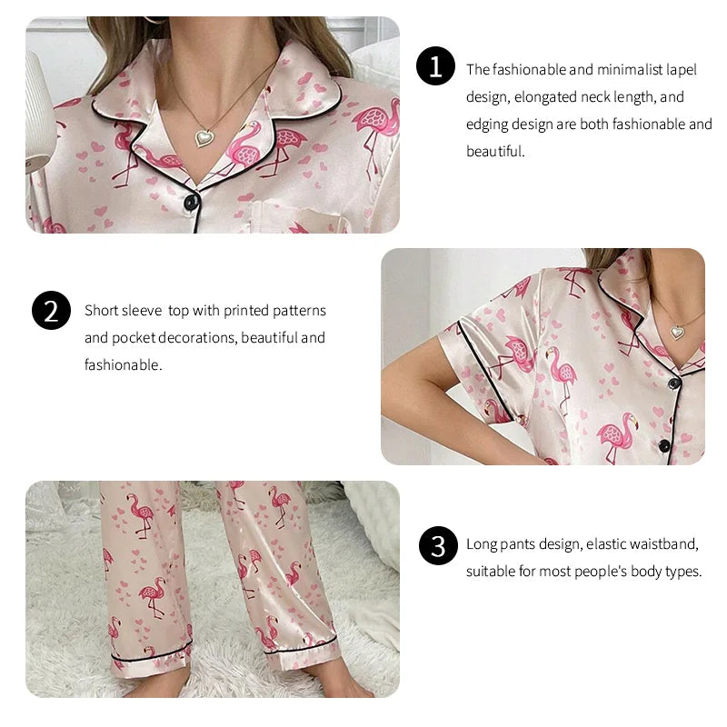 Satin Pajamas For Women Home Clothes Autumn Short Sleeve Turn-down Collar Tops Pants Sleepwear Flamingo Print Pyjama 2 Piece Set