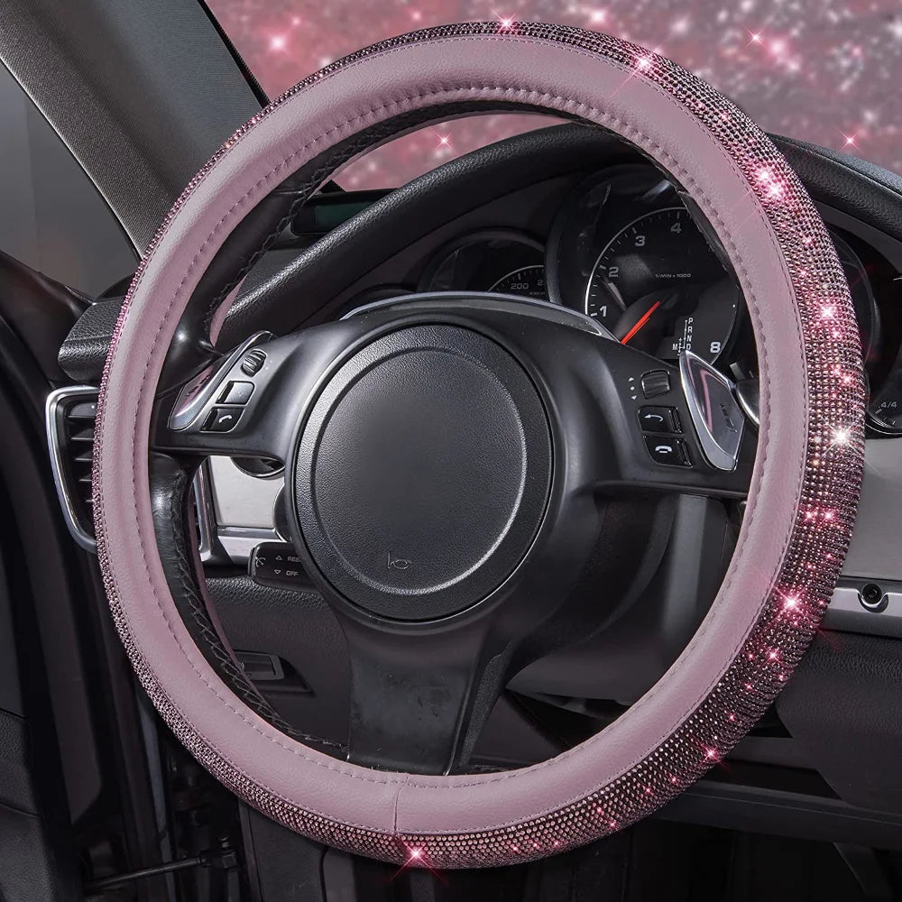 38cm CAR PASS Red Diamond Black Leather Steering Wheel Cover With Bling Crystal Rhinestones Universal
