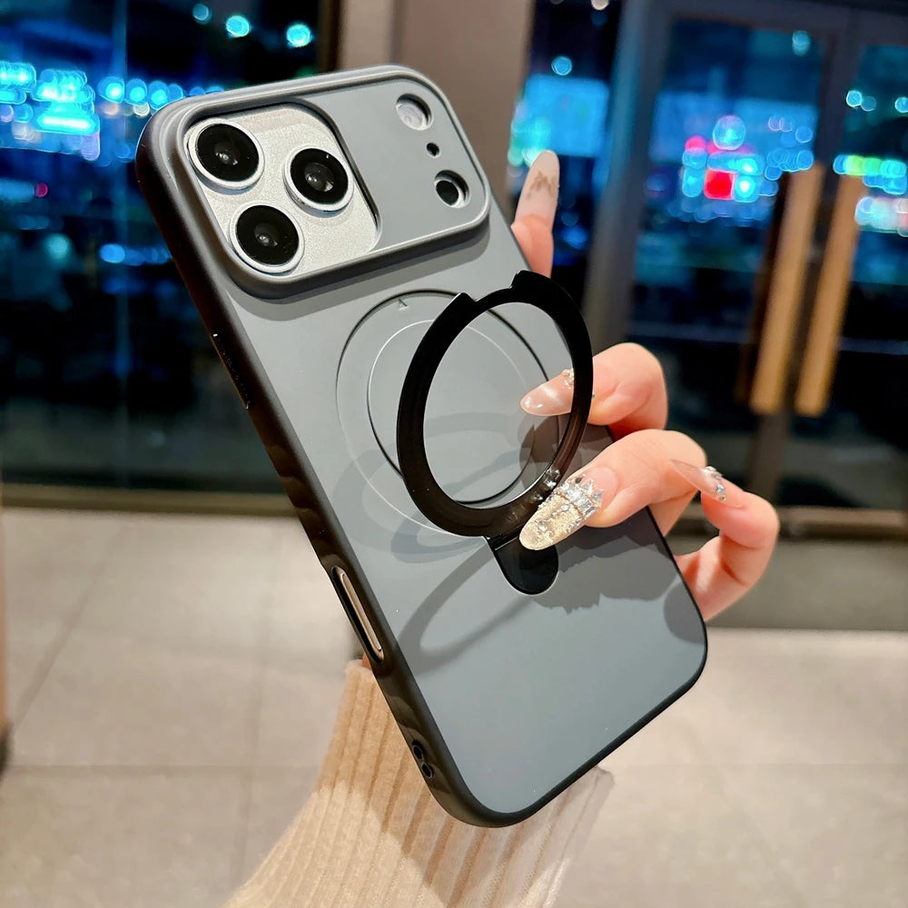 Luxury Skin Feel for Magsafe Phone Case For iPhone 17 16 13 15 Pro Max 14 Plus Magnetic Bracket Stand Anti-slip PC Cover