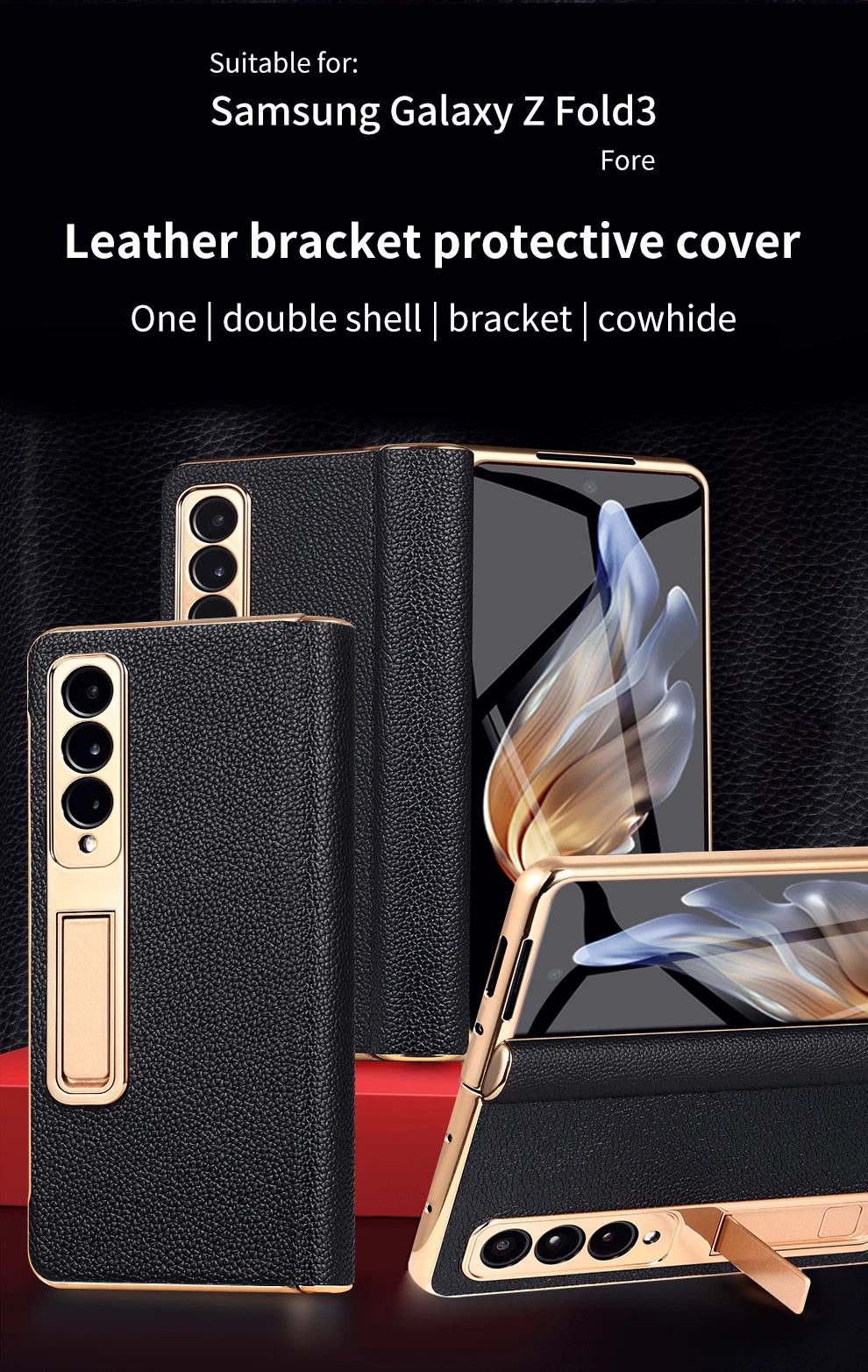 LANGSIDI Leather Case for Samsung Galaxy Z Fold 7 6 5 4 3 Fold6 Fold7 Gold Plating Magnetic Hinge Stand Cover with Mirror Film
