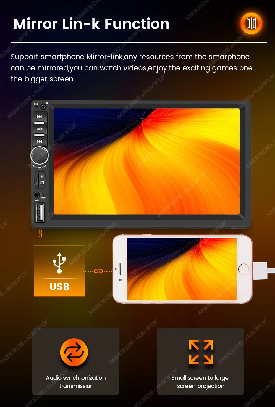 MEKEDE 7" 1Din for Universal Car Radio MP5 Touch Screen DVD Video Multimedia Player Support Mirror Lin-k BT SWC FM Camera Stereo