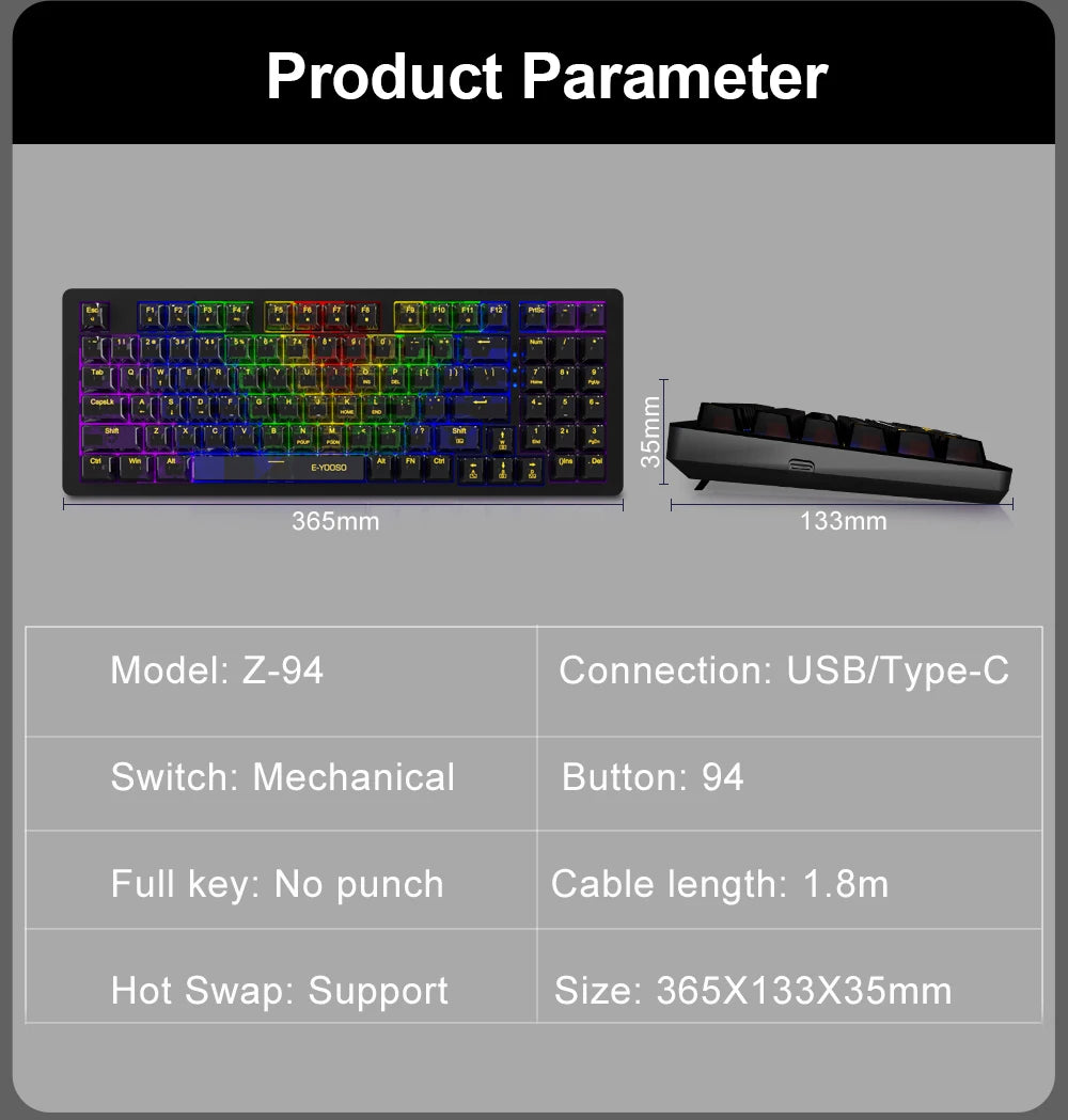E-YOOSO Z94 USB Mechanical Gaming Keyboard Wired Monochrome Backlit 94 Key Russian Brazilian Portuguese for Compute Laptop PC