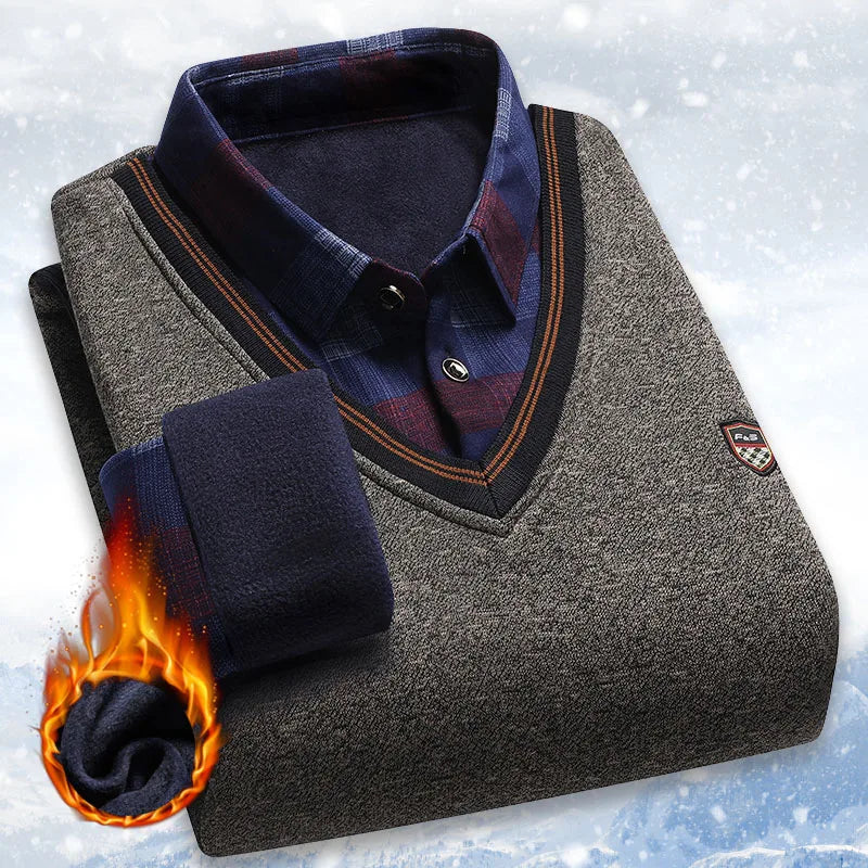 Vintage Plaid Sweater Pullover Men Thick Warm Knitwear Winter Autumn Clothing Patchwork Men's Fleeced Polo Collar Pullovers