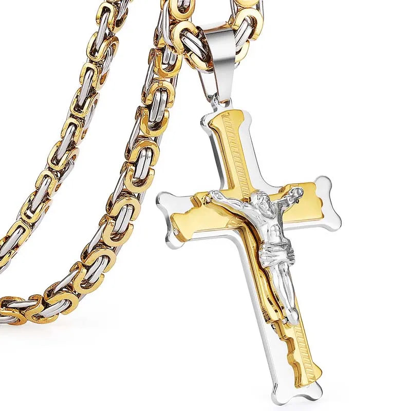 Stainless Steel Crucifix Jesus Byzantine Link Chain Necklace Fish Bone Pattern Cross Pendant Necklace Catholic Jewelry Men Gift