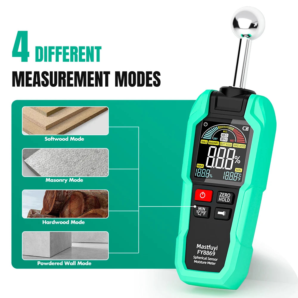 MASTFUYI Professional Moisture Meter, 40mm Non-Destructive Depth with Spherical Sensor & TFT Display for Wood Concrete Brick