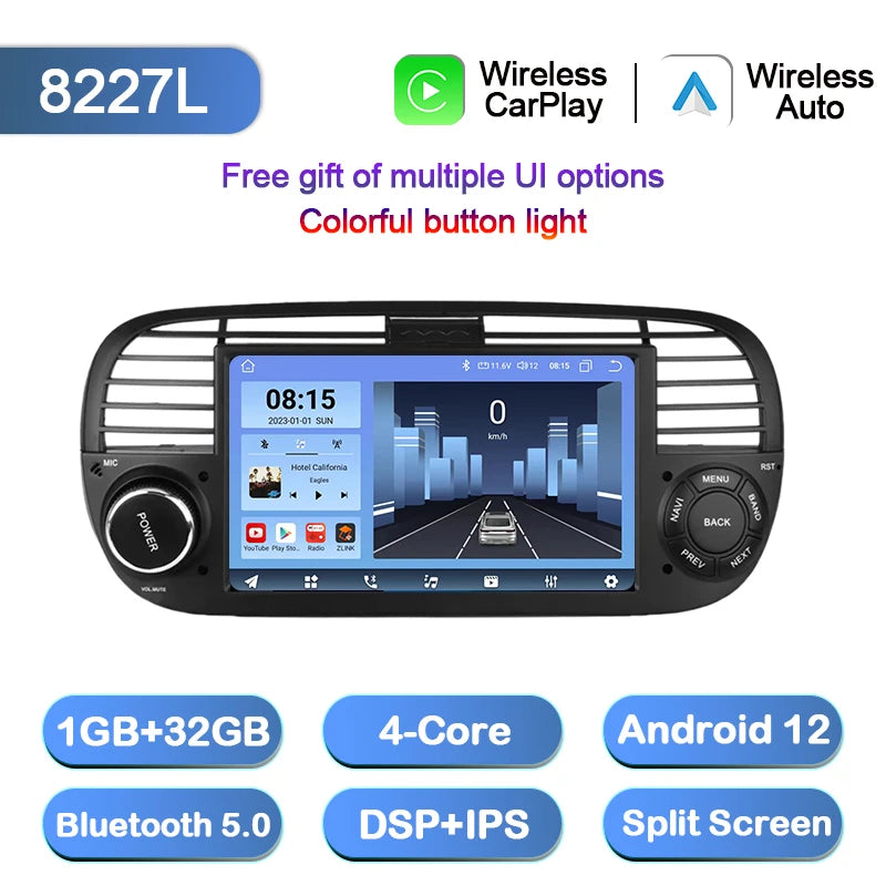 Junuse 7" Wireless Android Auto Carplay For Fiat 500 2007~2015 Android 13 Carplay GPS Navigation Multimedia Player White Black