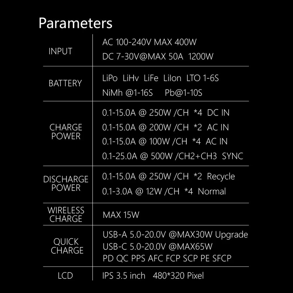 ToolkitRC Q6AC Charger AC 400W/DC 1000W 4CH output Built-in 65W USB A/TYPEC Output ,LiPo, 1-6S，NiMH 1-16S,PB 1-10S Charger IPS