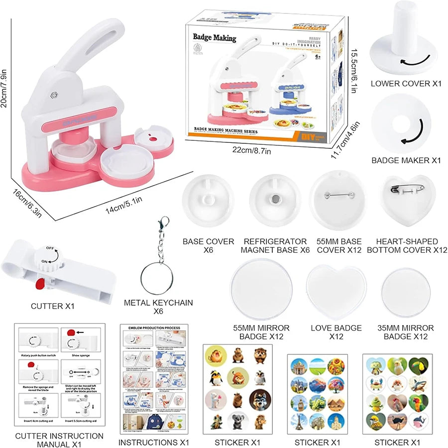 3in1 Button Maker Machine,Round/Heart Magnet DIY Pin Badge Maker,Portable Press Machine Badge Punch Kit with 36 Patterns Badges