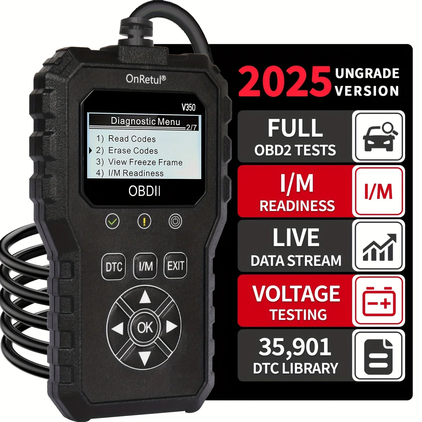 Advanced Obd2 Scanner V350 - Handheld Diagnostic Tool for All Vehicles, Reads Engine Faults, Tests Batteries, Analyzes and Tests Engine Performance, 350+ Readiness Check Codes, Dtc Book, 35, 901+ Readiness Check Codes, Vehicl