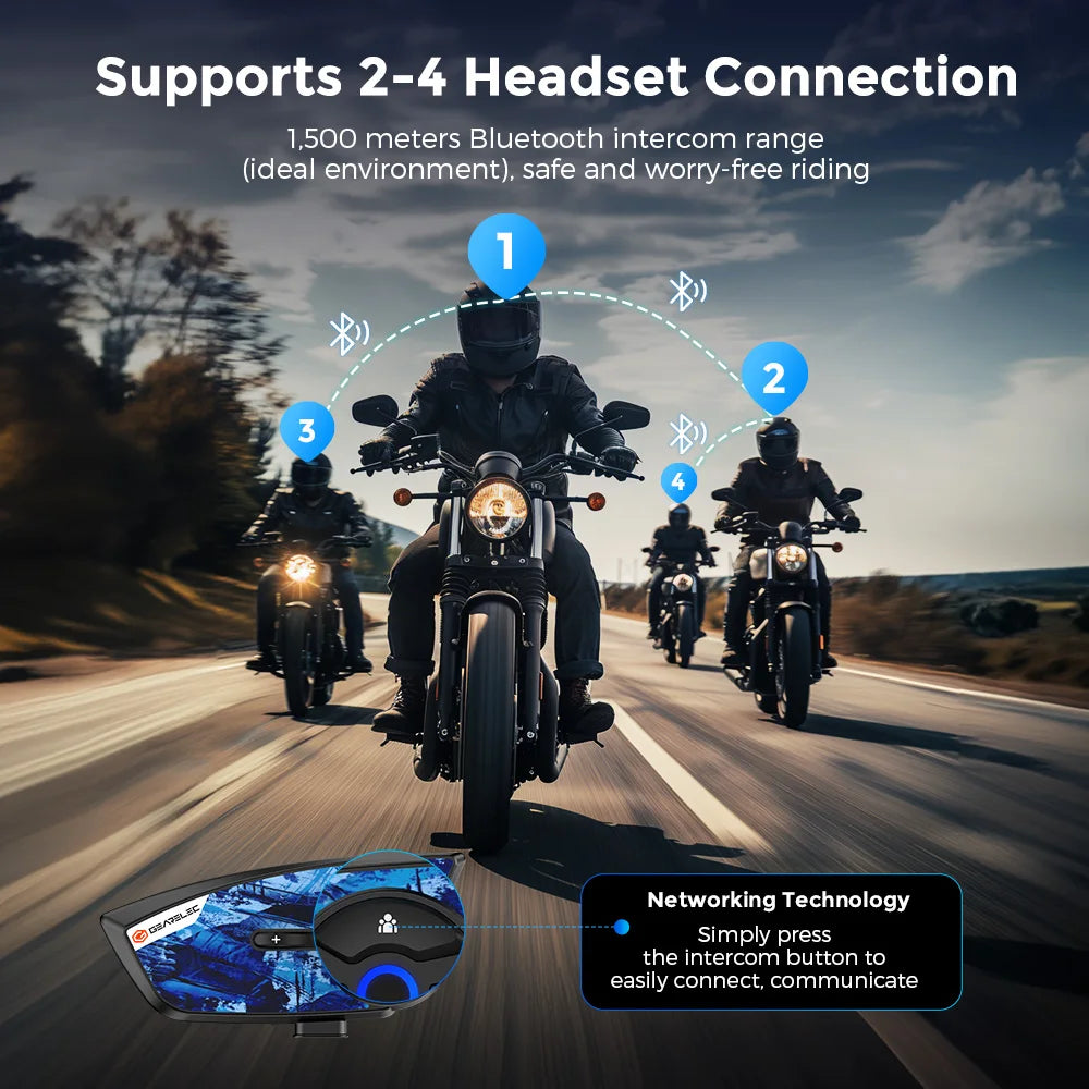 GEARELEC Motorcycle Helmet Intercom Bluetooth Headset 4 Riders 1500M IP67 Helmet Communication System Music Sharing Motorbike