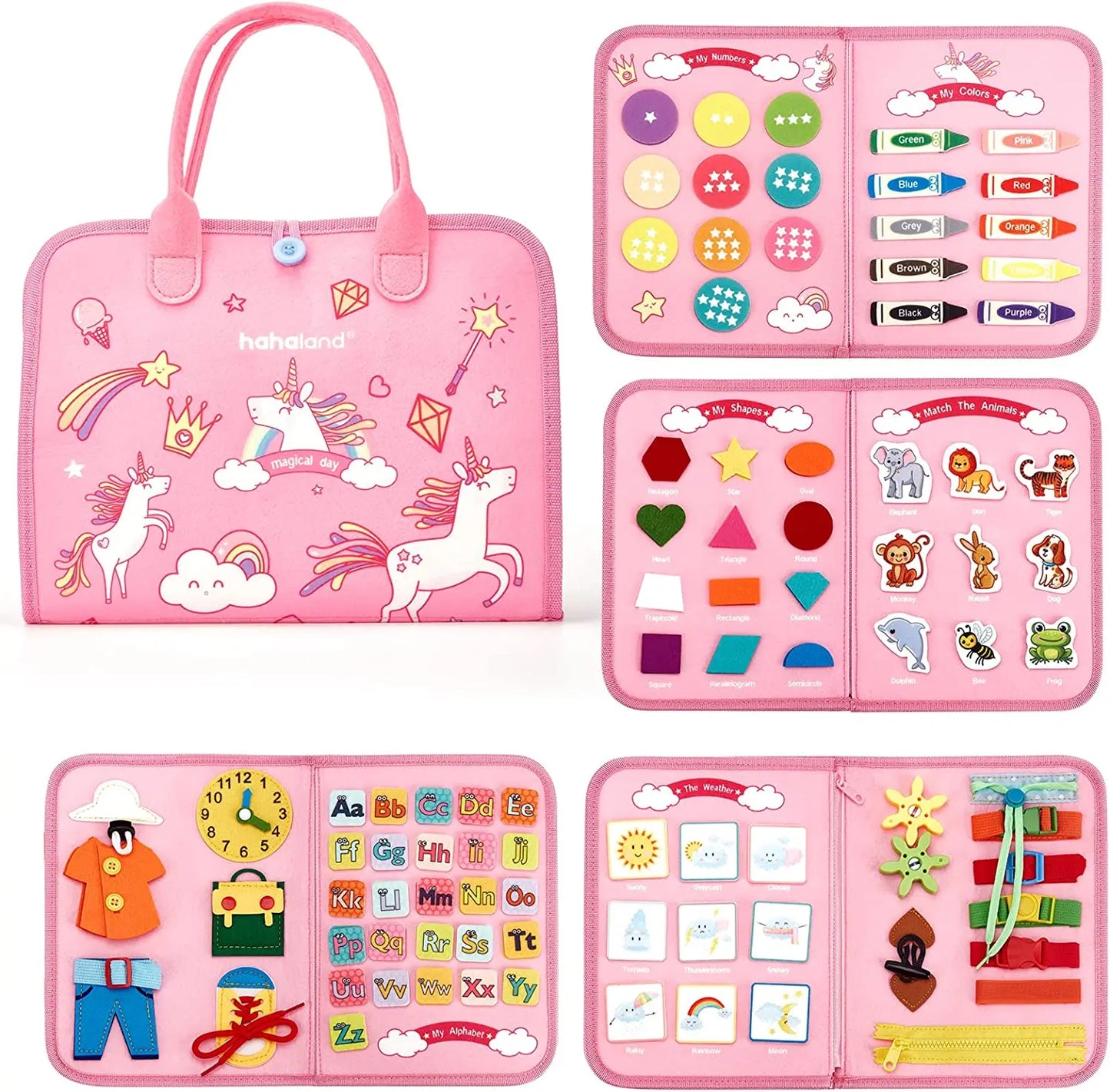 Toddlers Travel Busy Board for Boys Girls Montessori Toys for 2+ Year Old Preschool Learning Life Skill, Alphabet, Number, Shape