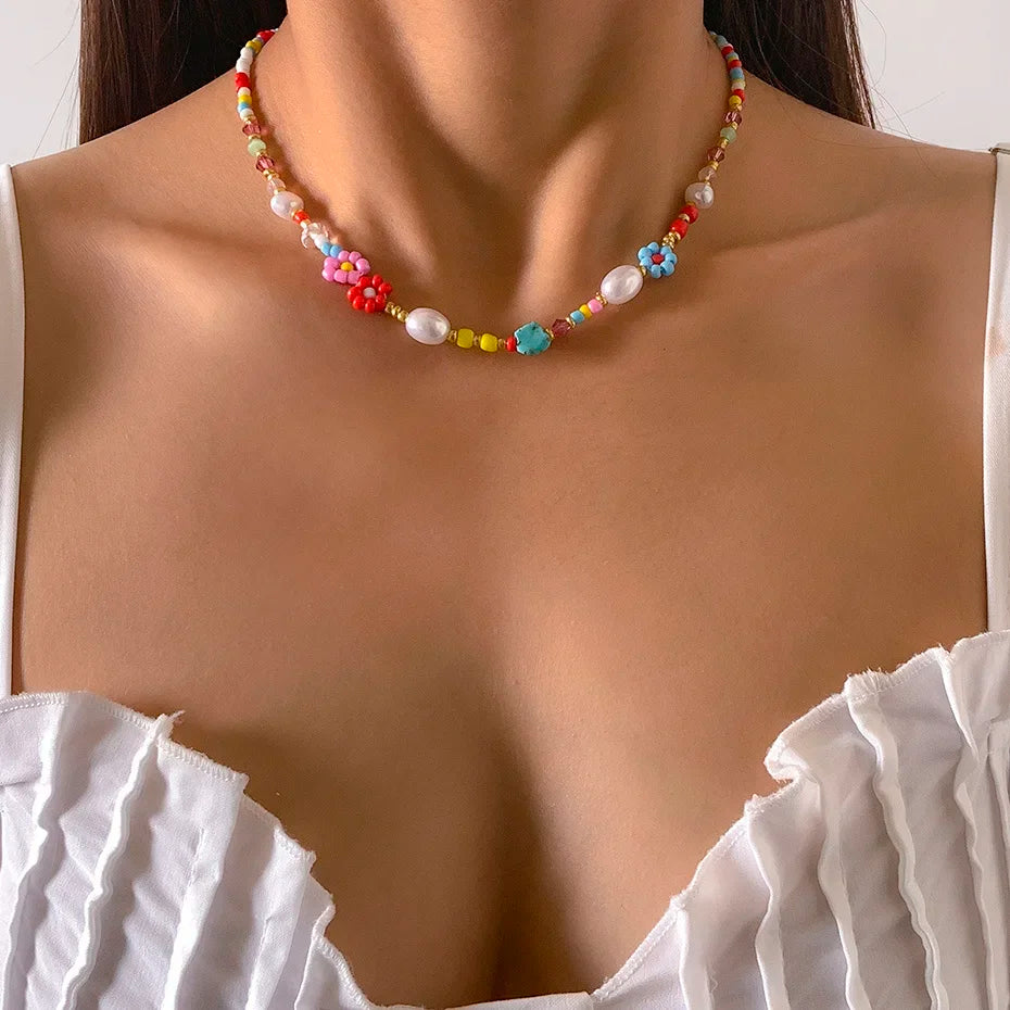 Baroque Simulated Pearls Cute Flowers Colorful Hand-woven Beaded Short Clavicle Chain Choker Necklace For Women Girls Jewelry