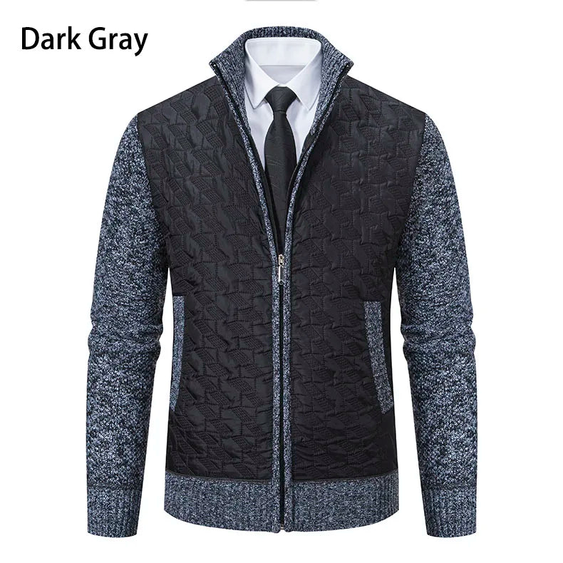 Mens Sweaters Jacket Full Zip Fleeced Sweater Cardigan Plaid Stand Collar Sweaters Coat Autumn Winter Homme Clothes