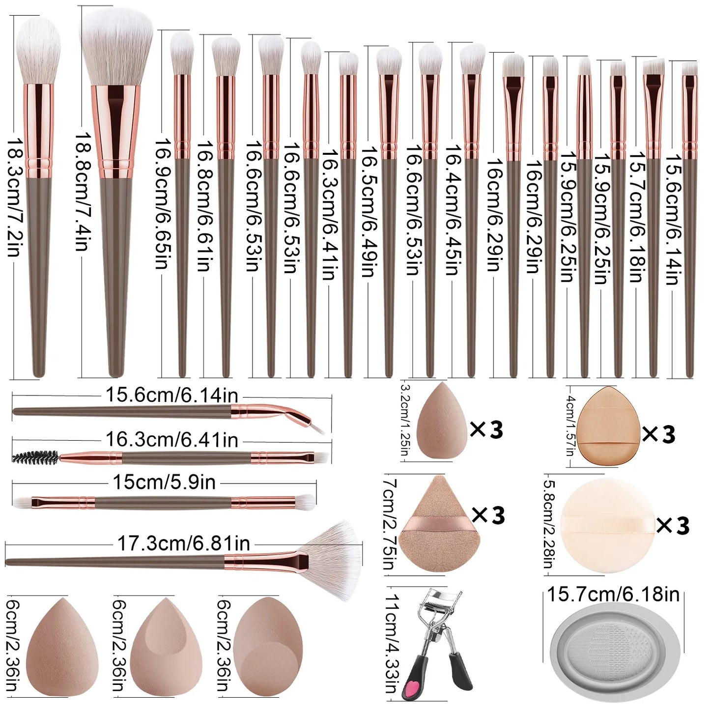 20 makeup brushes+3 round powder puffs+3 triangular powder puffs+3 beauty eggs+3 finger powder puffs+3 mini beauty eggs+1 washin