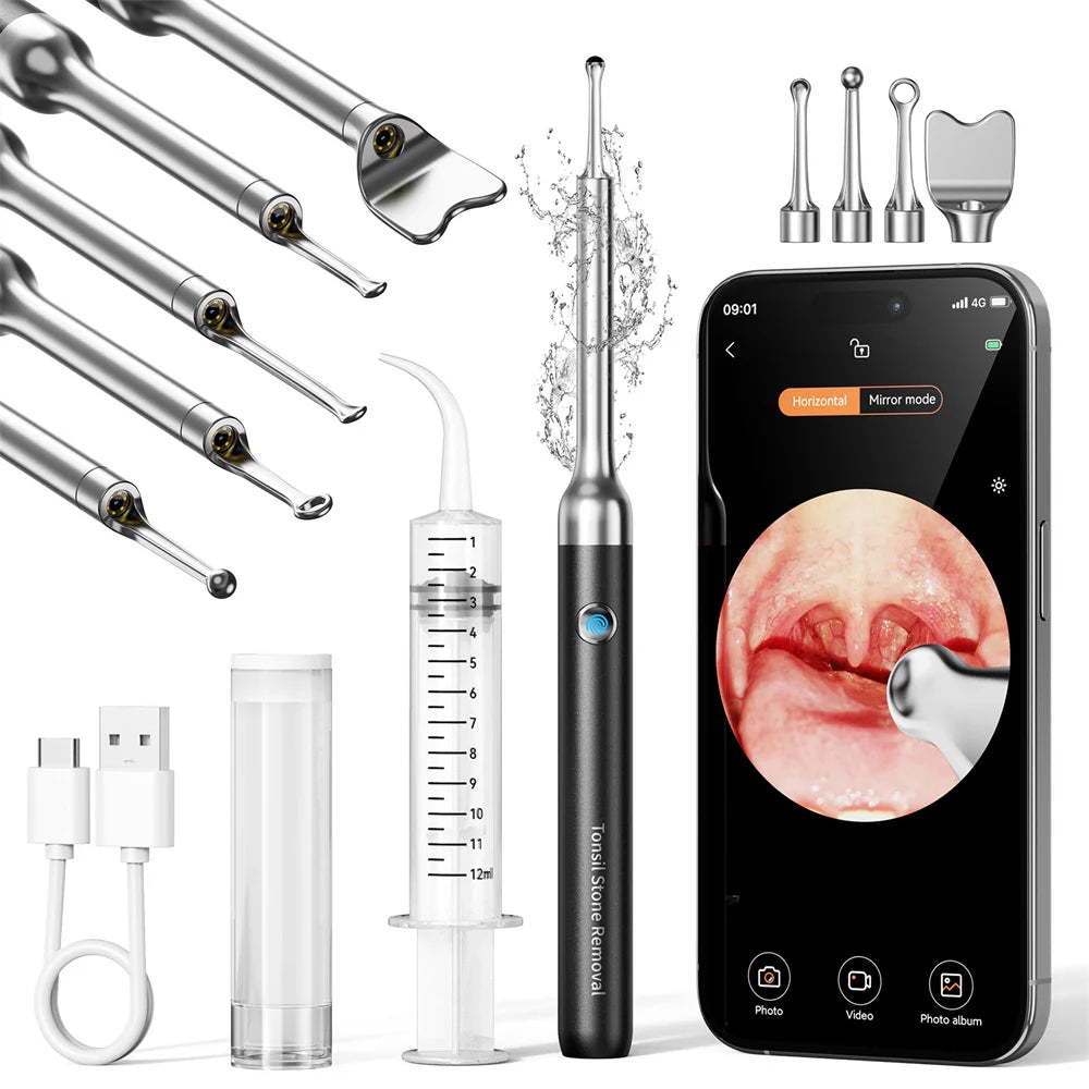 Tonsil Stone Remover with Camera 1080P Tonsil Stone Remover Kit with LED Light Tonsil Cleaner with 5 Heads Tonsil Stone Syringee