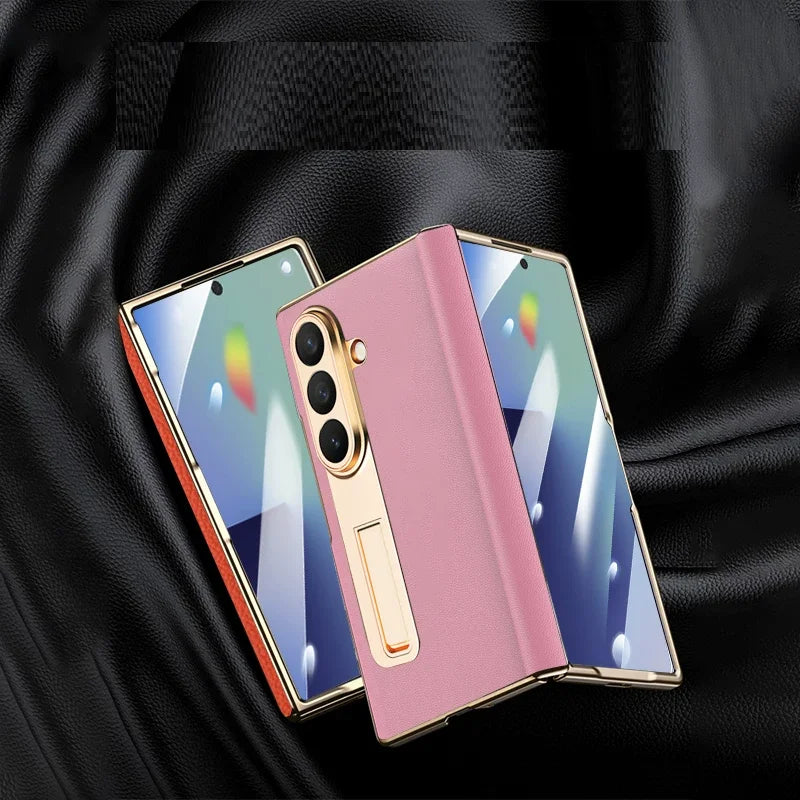 Luxury Leather Cover For Samsung Z Fold 7 6 5 Case Plating Stand Hinge Front Glass Screen