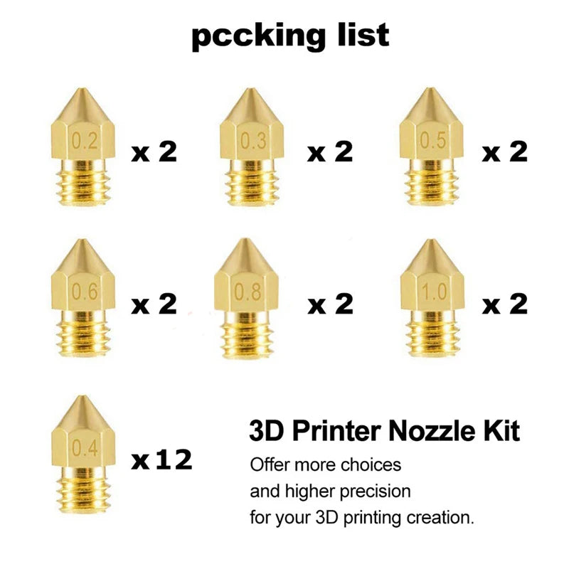 24Pcs MK8 Extruder Nozzles 0.2/0.4/0.5/0.6/0.8/1.0mm M6 Thread for Creality Ender 3/3 Pro/3 V2, Ender 5 3D Printer Part