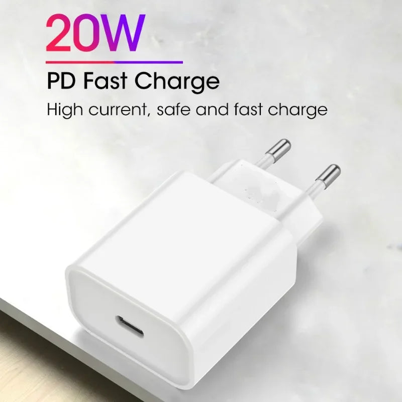 20W USB C Phone Charger PD Type C Cable Fast Charger Mobile Phone Charger for iPhone 15 16 Pro Max iPad Samsung Oppo EU/US Plug