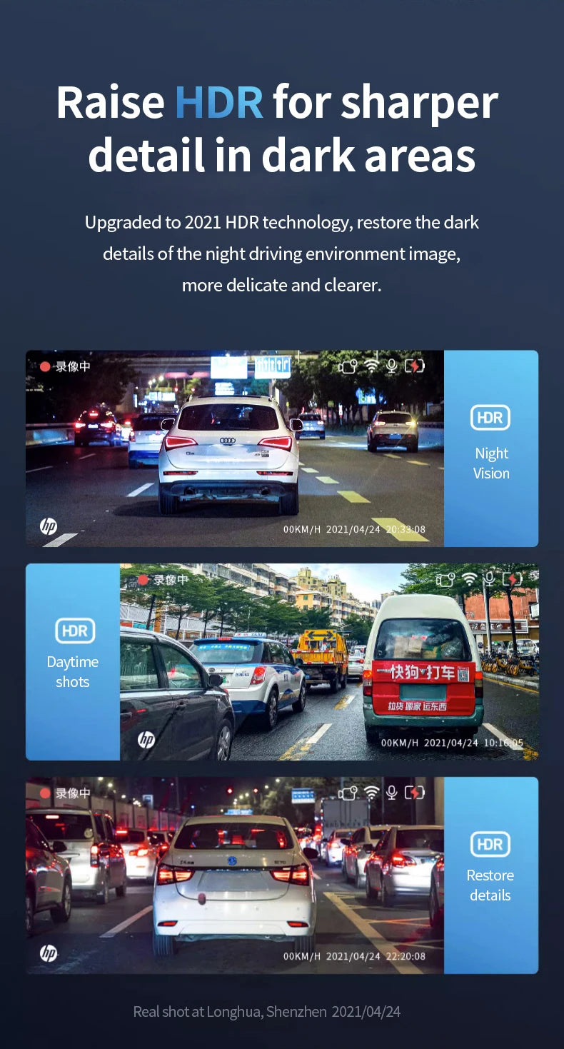 HP Car Recorder 2K 1440P Car Camera HD Night Vision Parking Monitoring Car WiFi Car DVR Video Loop Recording