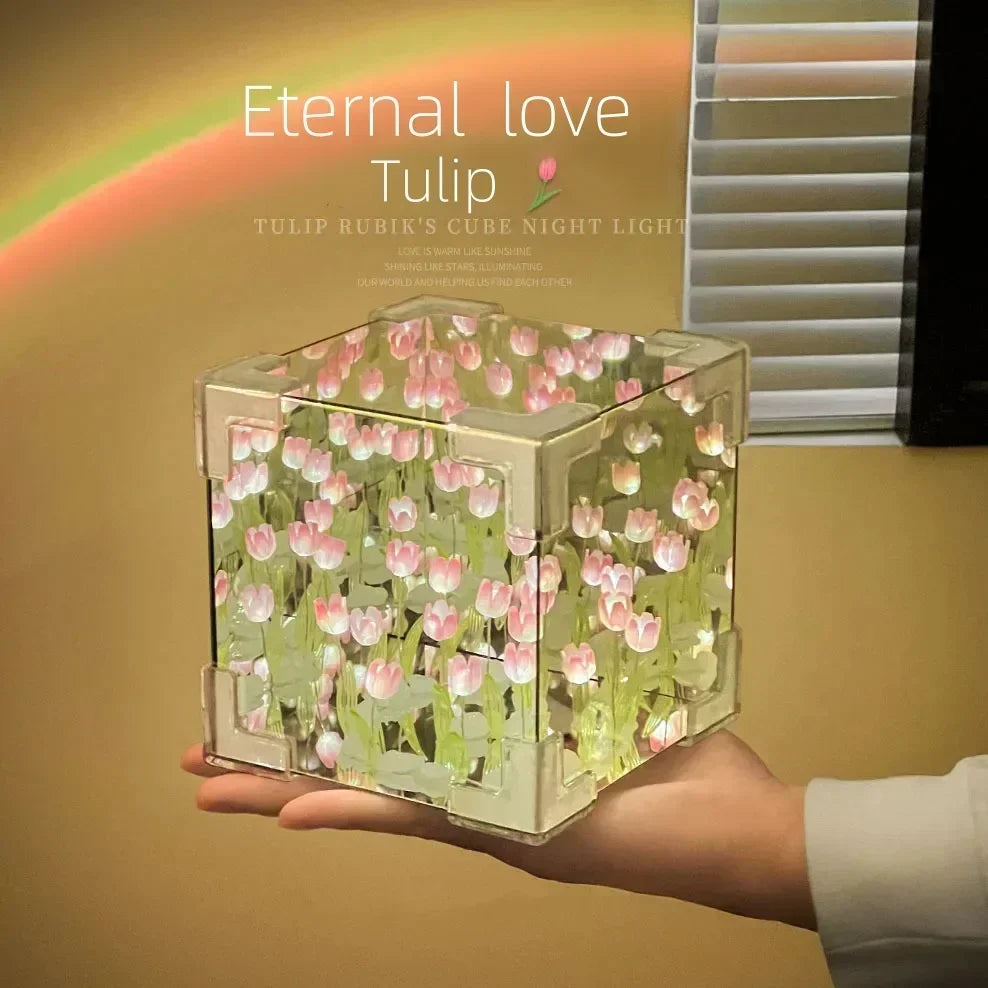 2024 Creative Diy Tulip Flower Sea Cube Three-Dimensional Small Night Lamp Material Package for Girlfriend Couple Girlfriends
