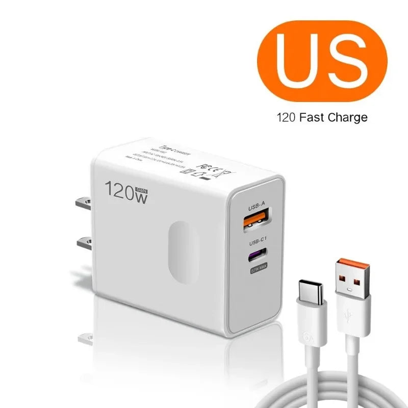 Total 120W USB Type C Fast Charging Charger PD Mobile Phone Quick Charge Wall Adapter for iPhone 15 Xiaomi Samsung GaN Charger