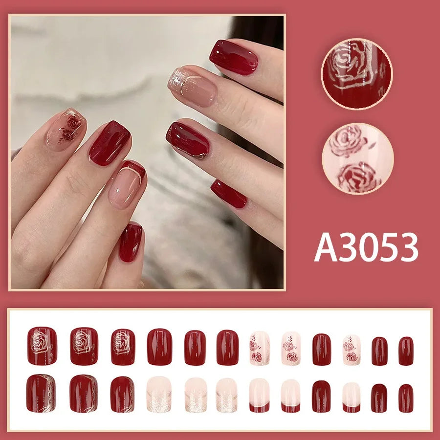 Watercolor Rose Fake Nail with Jelly sticker Press on False Nails Wearable Round Head Oval Full Cover Nail Tips