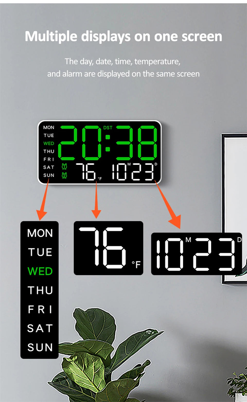 Large Digital Wall Clock Temp Date Week Display Remote Control USB Powered Table Clock Wall-mounted Dual Alarms LED Clocks