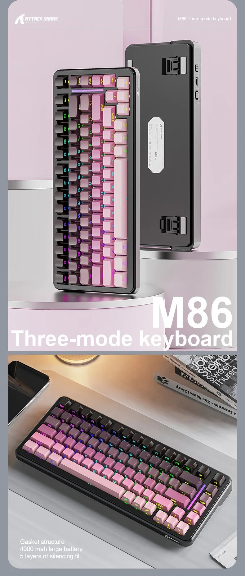 Attack Shark M86rgb Three-Mode Wireless Bluetooth Hot Plug Engraving Mechanical Keyboard Blueberry Axis Surprise Gift