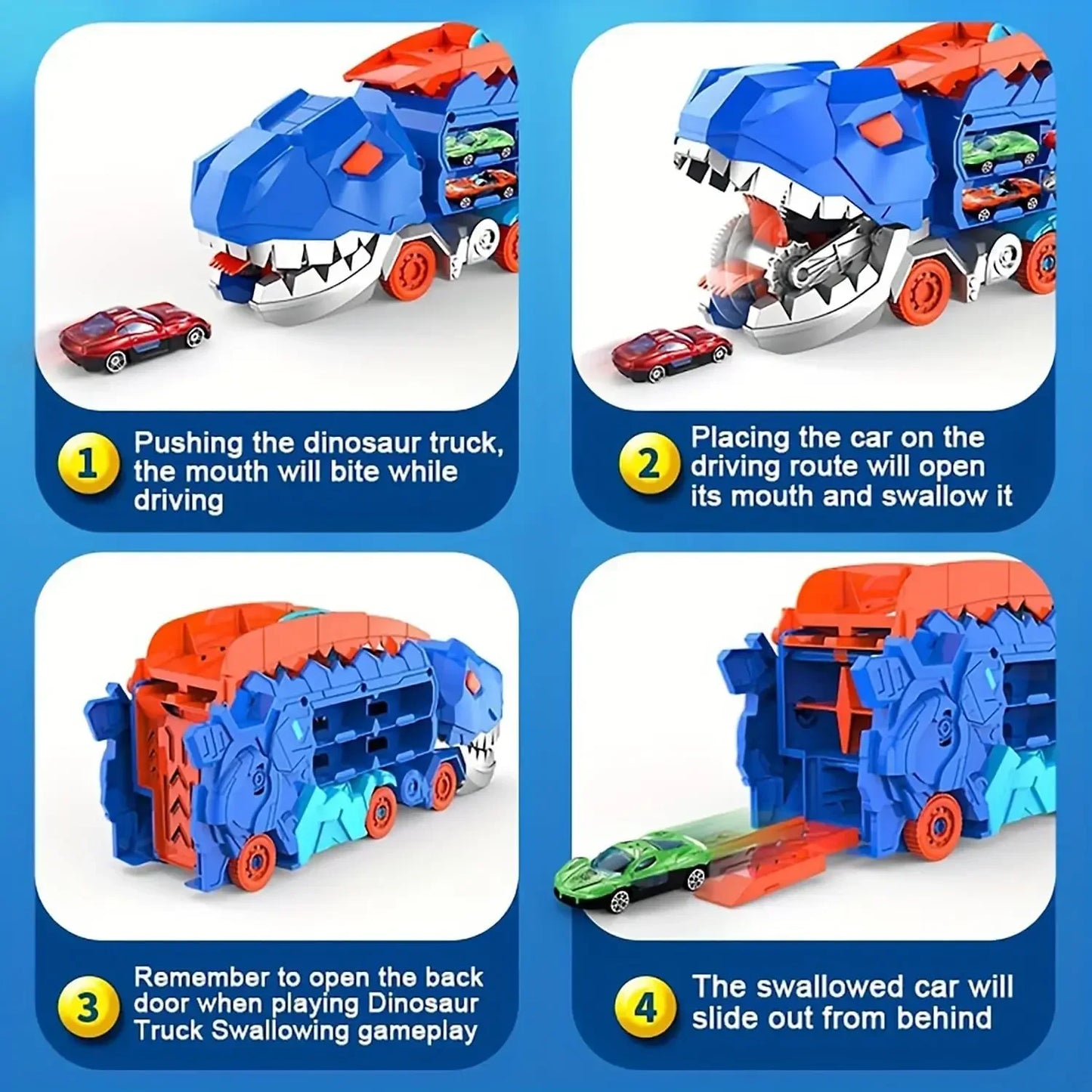 Transport Dinosaur Truck with Foldable Sliding Race Track Transforms into Standing T-rex Best DIY Birthday Gifts Toys Boys Girls